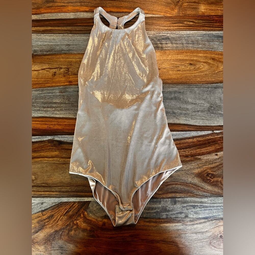 Halston Heritage XS Gold Metallic Halter Bodysuit
